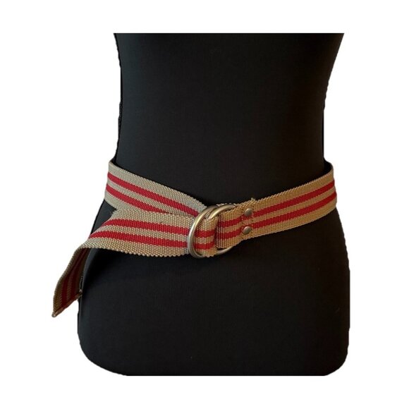 Y2K Woven Fabric Belt D-Ring Gray / Red Stripe Grunge Gorp Adjustable - Picture 1 of 12